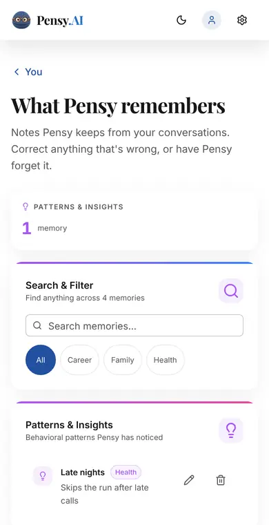 What Pensy remembers: notes from your conversations, searchable, each with buttons to edit or delete it.