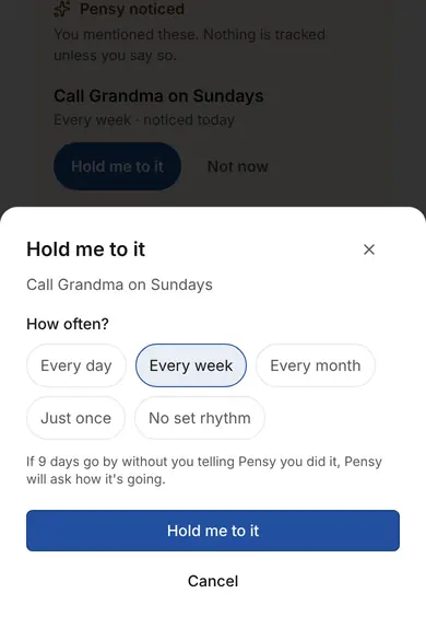 The Hold me to it sheet for Call Grandma on Sundays, asking how often: every day, every week, every month, just once or no set rhythm.